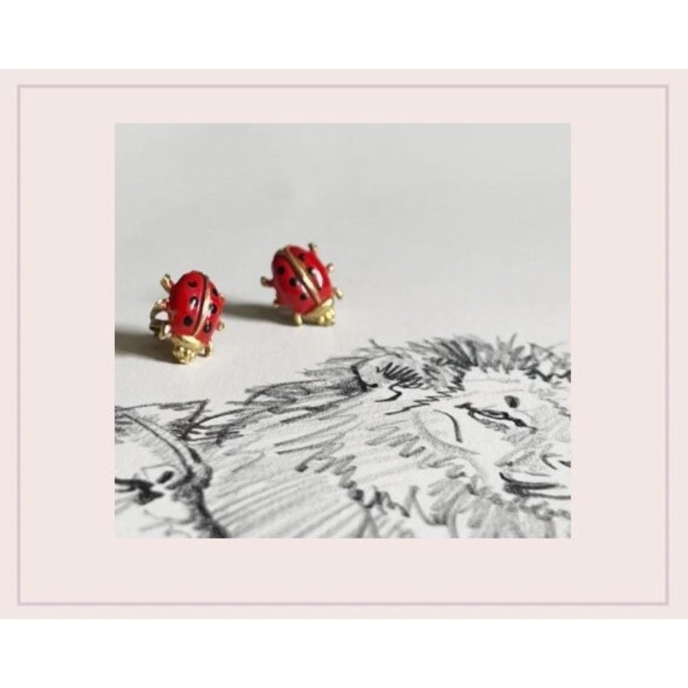 Vintage Red Ladybug Stud Enamel Earrings Gold Tone